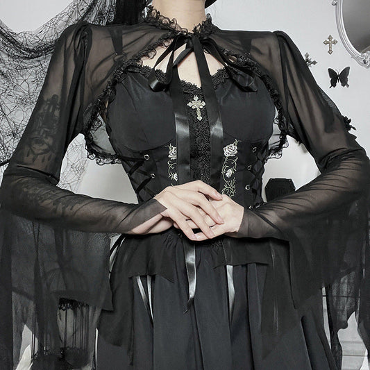 Sheer Lace Panel Long Sleeve Top with Tie Band