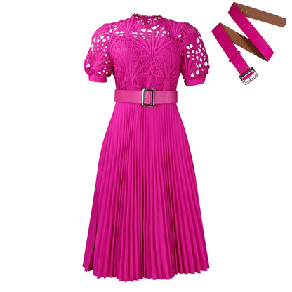 Elegant Lace Trim Short Sleeve A-Line Dress