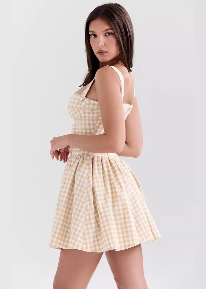 Sleeveless Gingham Mini Dress Beige Polyester Cotton
