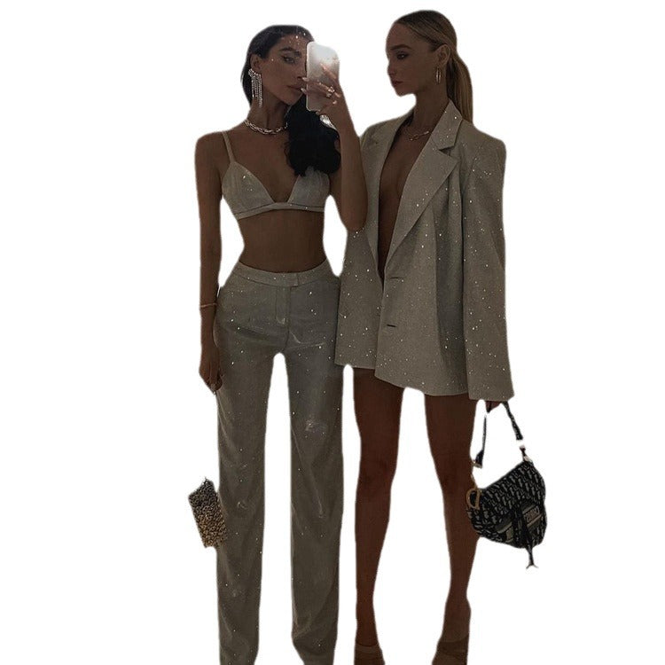 Sleek Sequin Suit Set With Cami Top And High-Waisted Pants