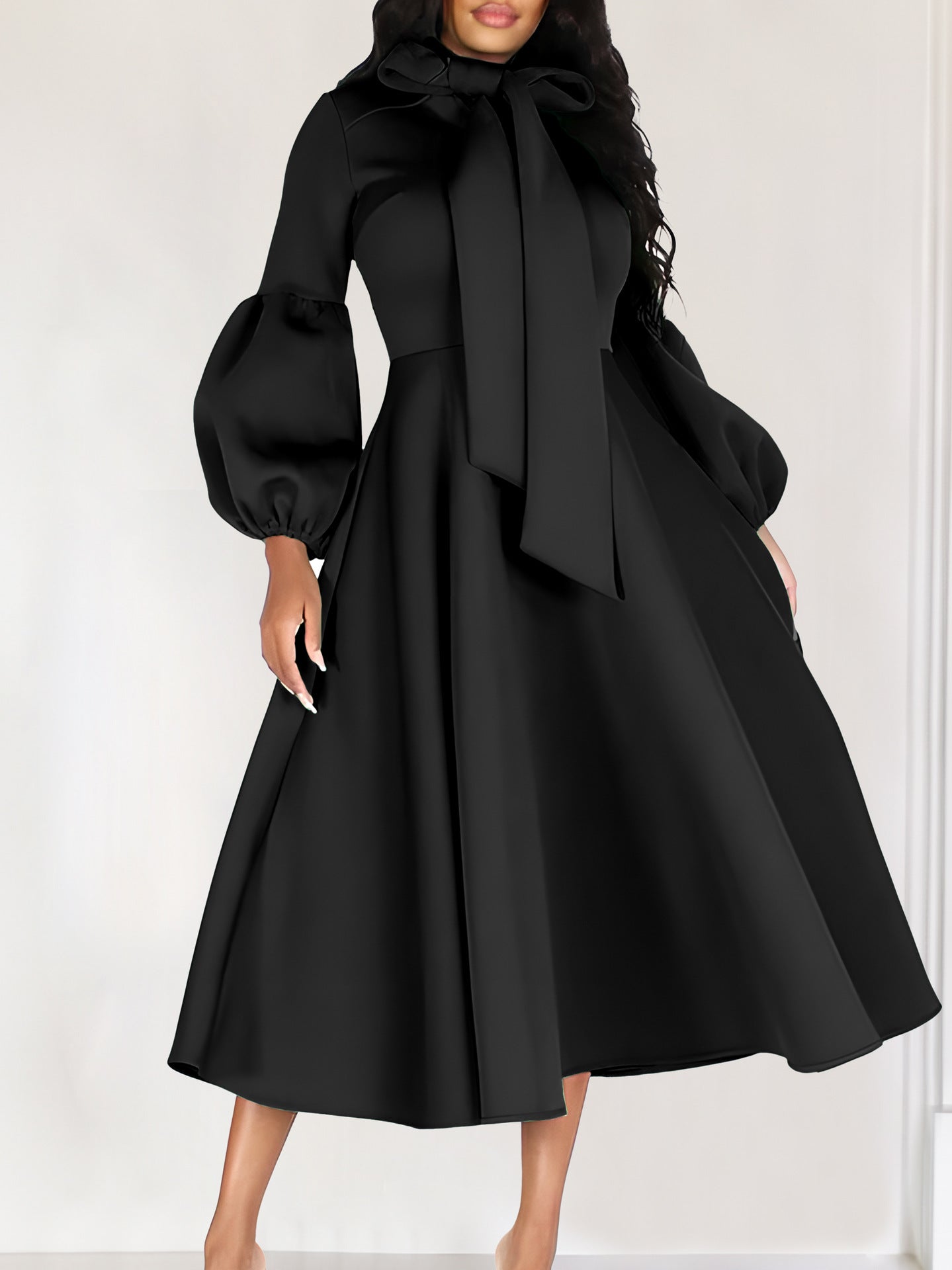 Elegant High-Waisted Dress With Puff Sleeves And Flared Skirt