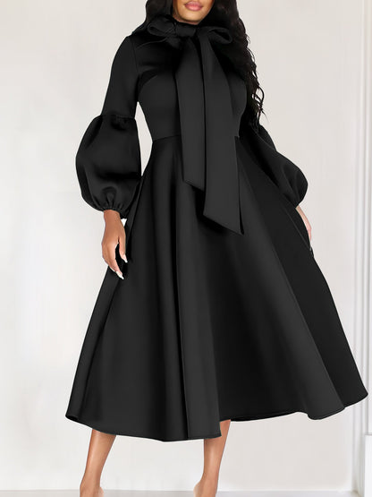 Elegant High-Waisted Dress With Puff Sleeves And Flared Skirt