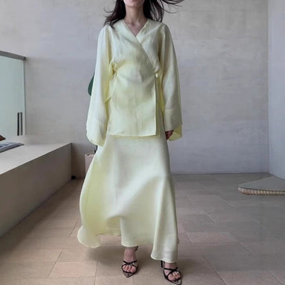 Trendy Casual Long Sleeve Dress Set With Ties
