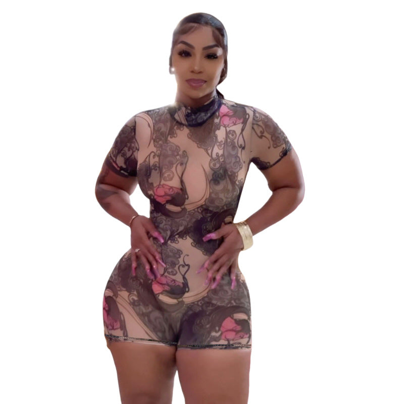 Sexy Backless High Neck Printed Bodysuit Shorts For Women