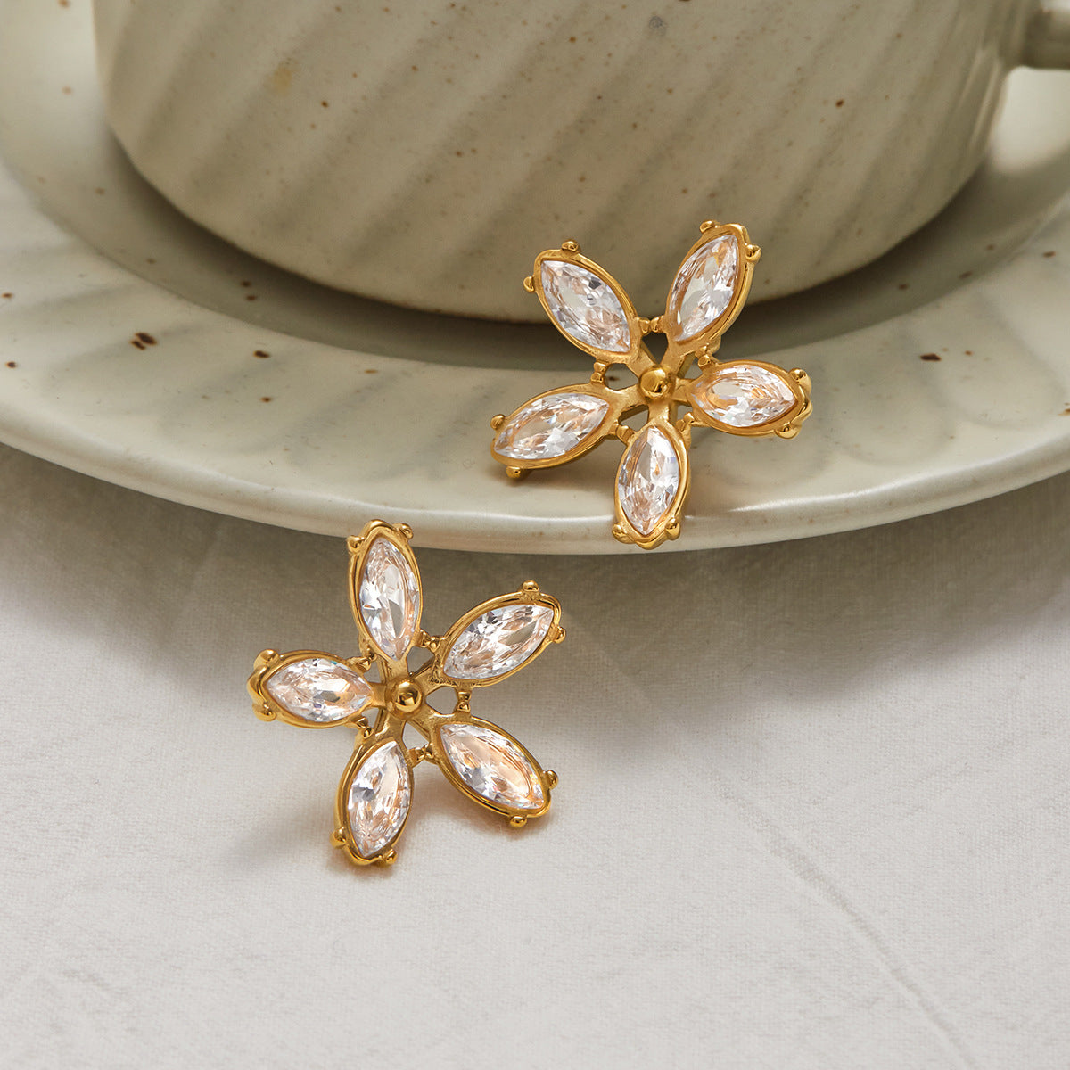 Gold Cubic Zirconia Flower Stud Earrings