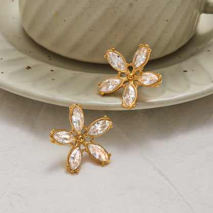Gold Cubic Zirconia Flower Stud Earrings