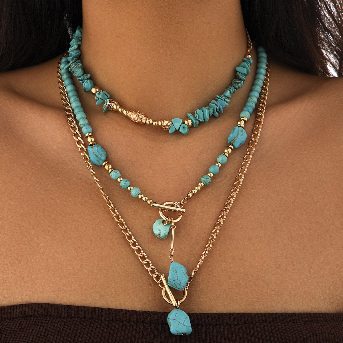 Vintage Turquoise Bull Skull Choker Necklace With Beads