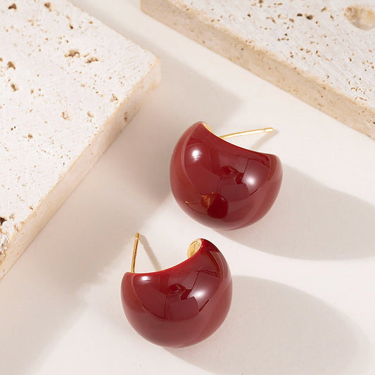 Geometry Design Cherry Red Enamel Stud Earrings - 925 Silver