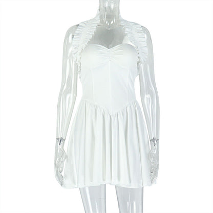 Solid Color Slim Fit Backless Pleated A-Line Dress