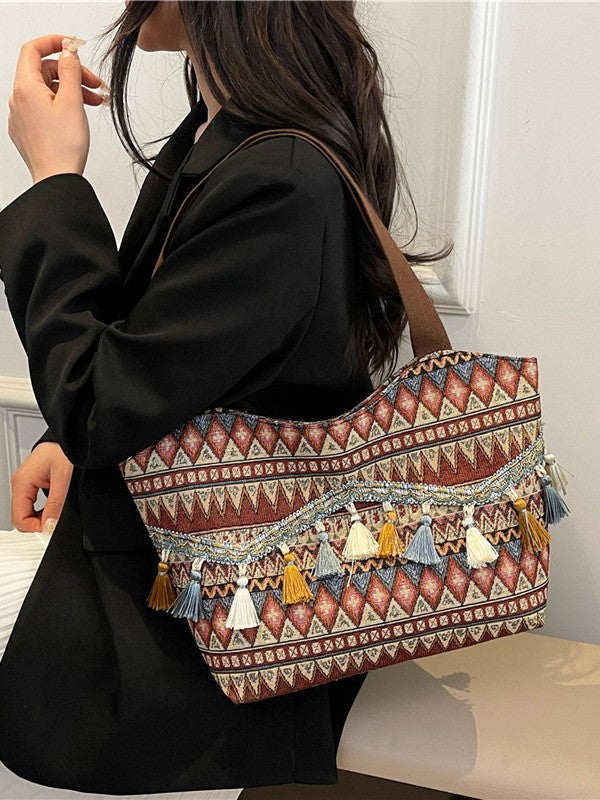 Trendy Ethnic Style Fringe Tote Bag