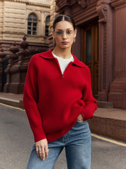 Solid Color Zipper Sweater Loose Knit Sweater