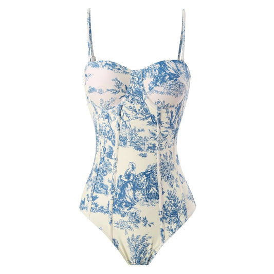 Vintage Print Slim Fit Swimwear with Cover Dress