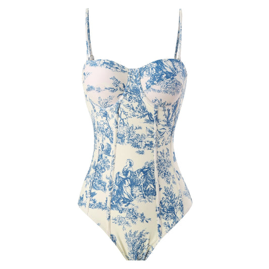 Vintage Print Slim Fit Swimwear with Cover Dress