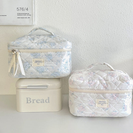 Floral Pattern Makeup Bag Soft Cotton Quilted Big Capacity Portable Toiletry Organizer