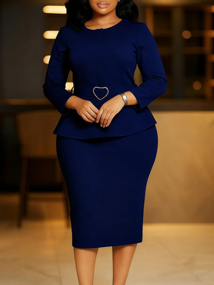 Elegant Round Neck Pencil Dress With Belt