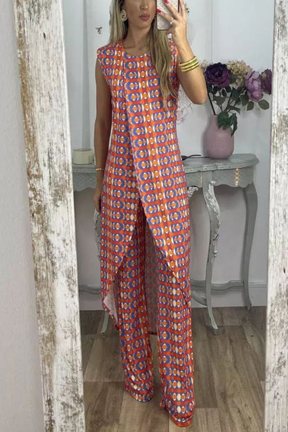 Trendy Floral Print Sleeveless Top and Long Pants Set