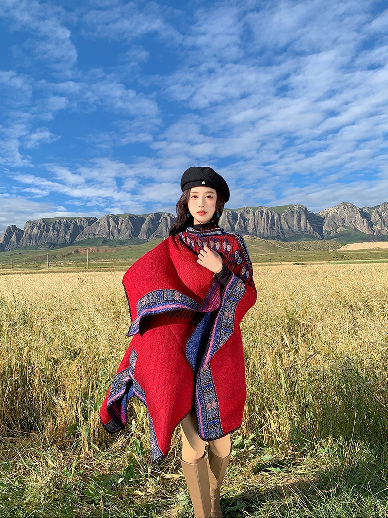 Tibetan Great Retro Totem Red Warm Outer Shawl Women'S Scarf Autumn And Winter Cloak Big Cloak