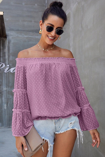 Long Sleeve Flared Chiffon Strapless Neck Openwork Blouse