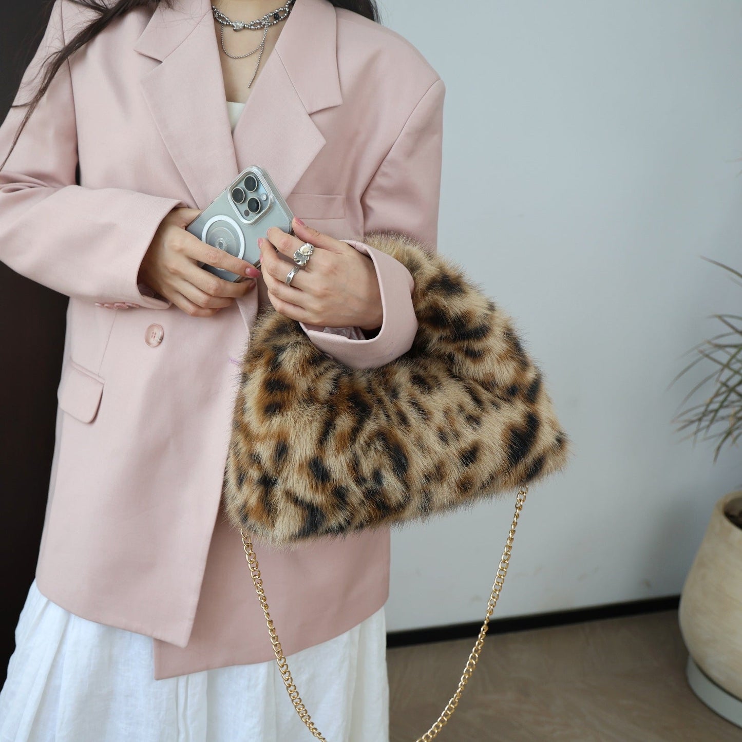 Solid Color Soft Fluffy Fur Tote Handbag