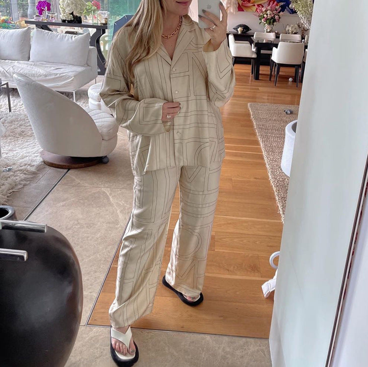 Letter Print Satin Long Sleeve Shirt & Pants Set