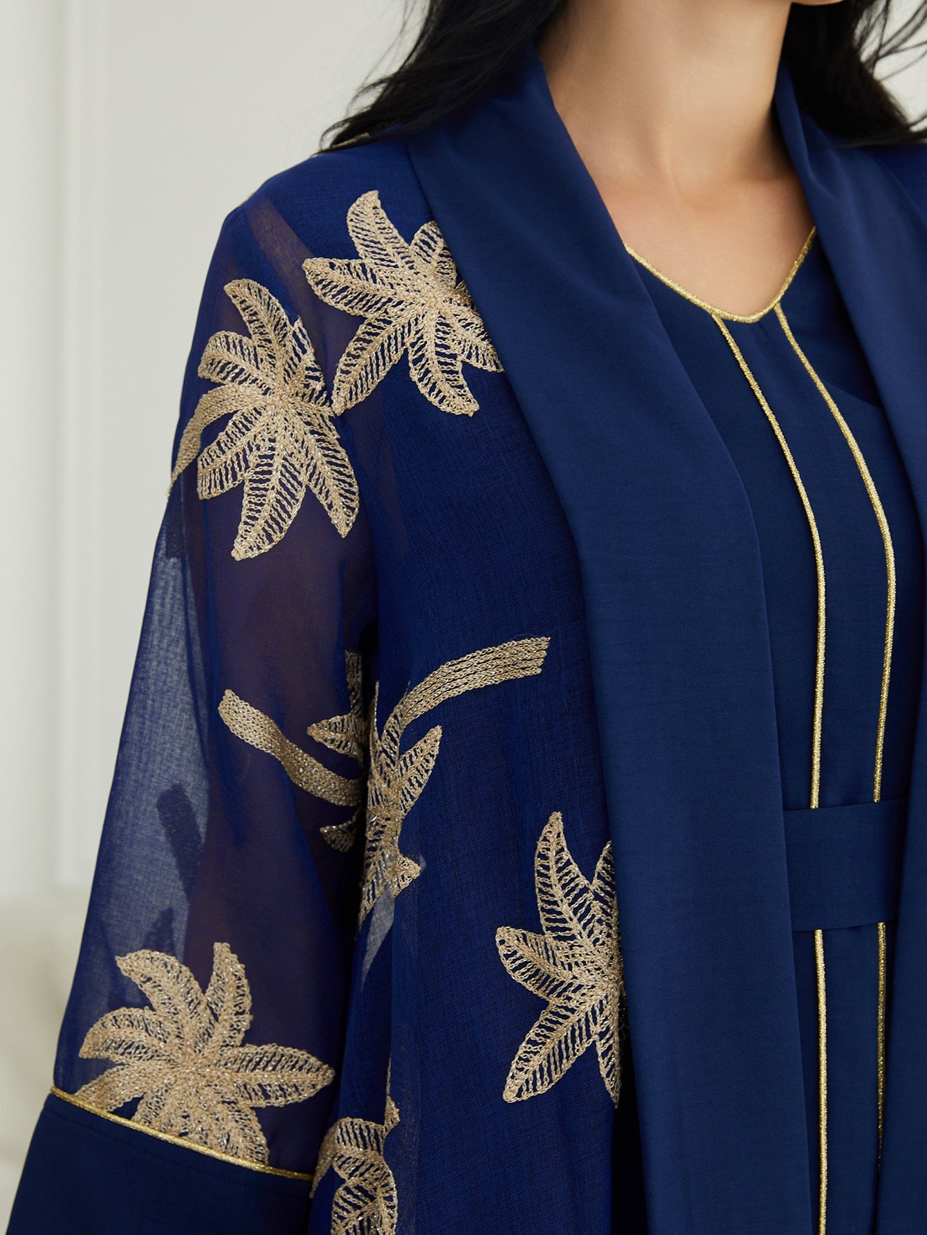 Embroidered Long Kimono Dress Set in Navy Blue and White