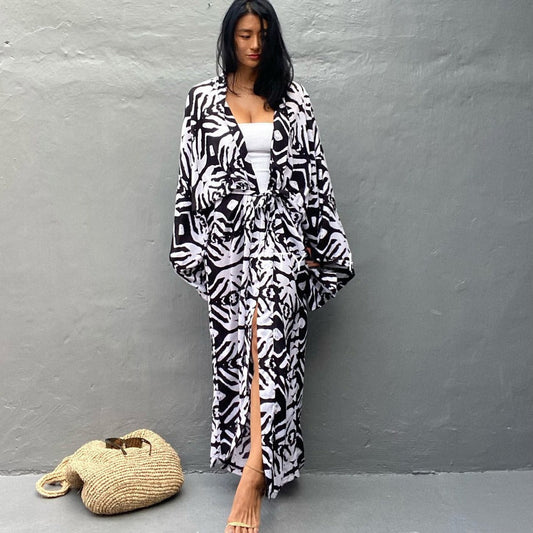 Beach Blouse Cotton Black And White Flower Vacation Sunscreen Cardigan Bikini Outer Blouse
