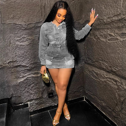 Elastic Denim Dress With Pockets Stylish Casual Mini Dress
