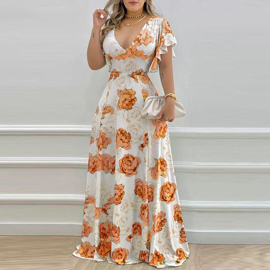 Casual Floral Maxi Dress With V-Neck & Flared Design