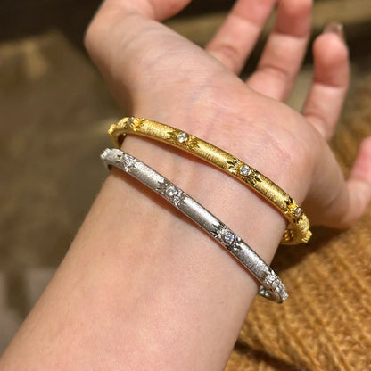 Elegant Carved Floral Rhinestone Bangle Bracelet