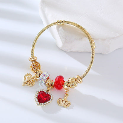 Adjustable Heart-Shaped Alloy Bracelet with Rhinestones
