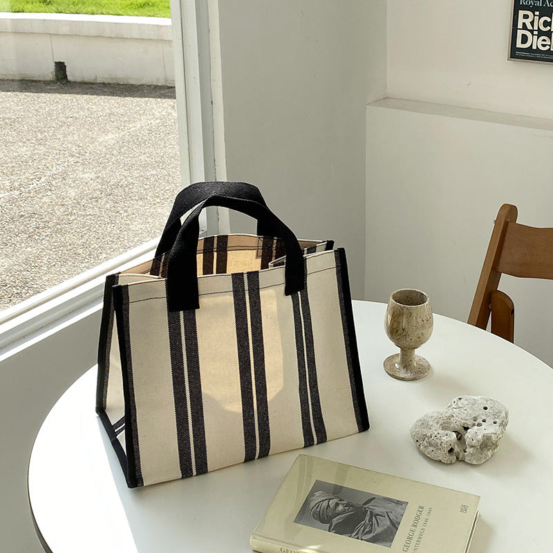 Large Capacity Striped Tote Bag Casual Versatile Canvas Shopping Bag