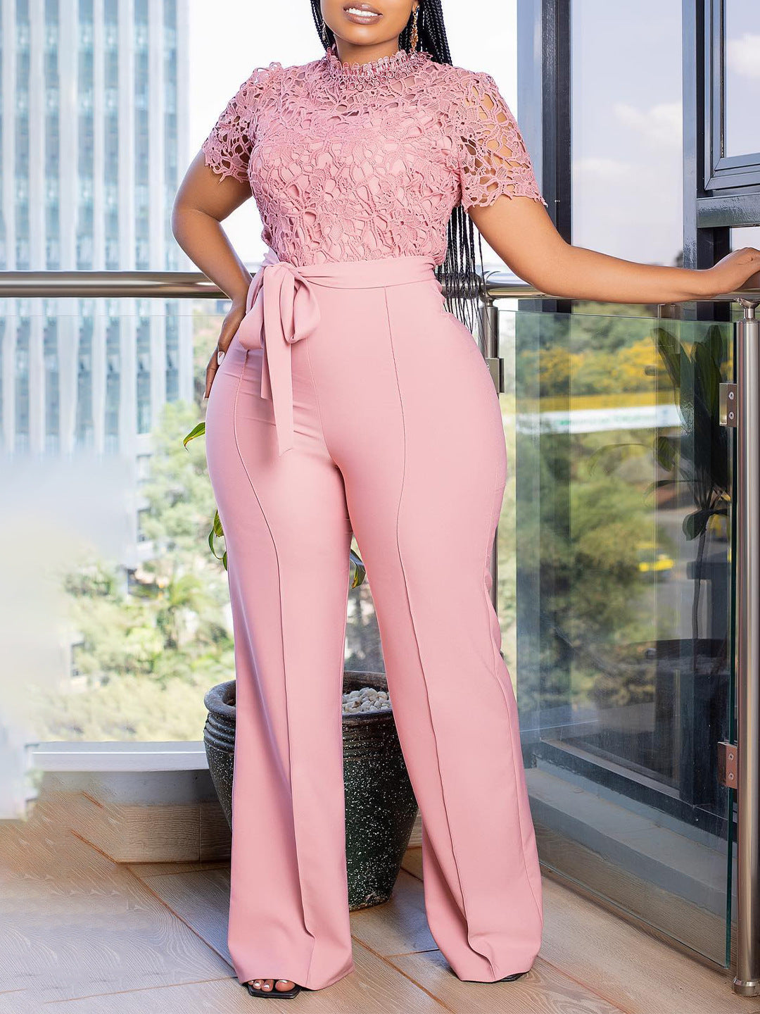 Sexy Lace Trim Halter Jumpsuit Elegant Wide-Leg Pants