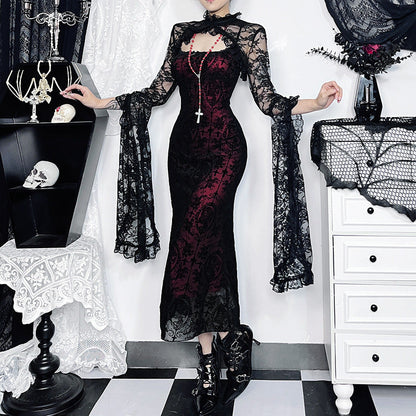 Vintage Gothic Halter Top Dress with Floral Print