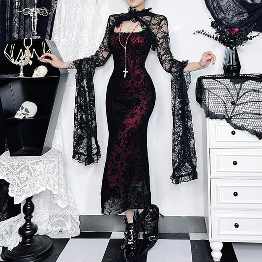 Vintage Gothic Halter Top Dress with Floral Print