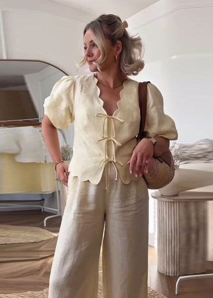Scalloped Tie Front Blouse And Wide Leg Pants Set Polyester