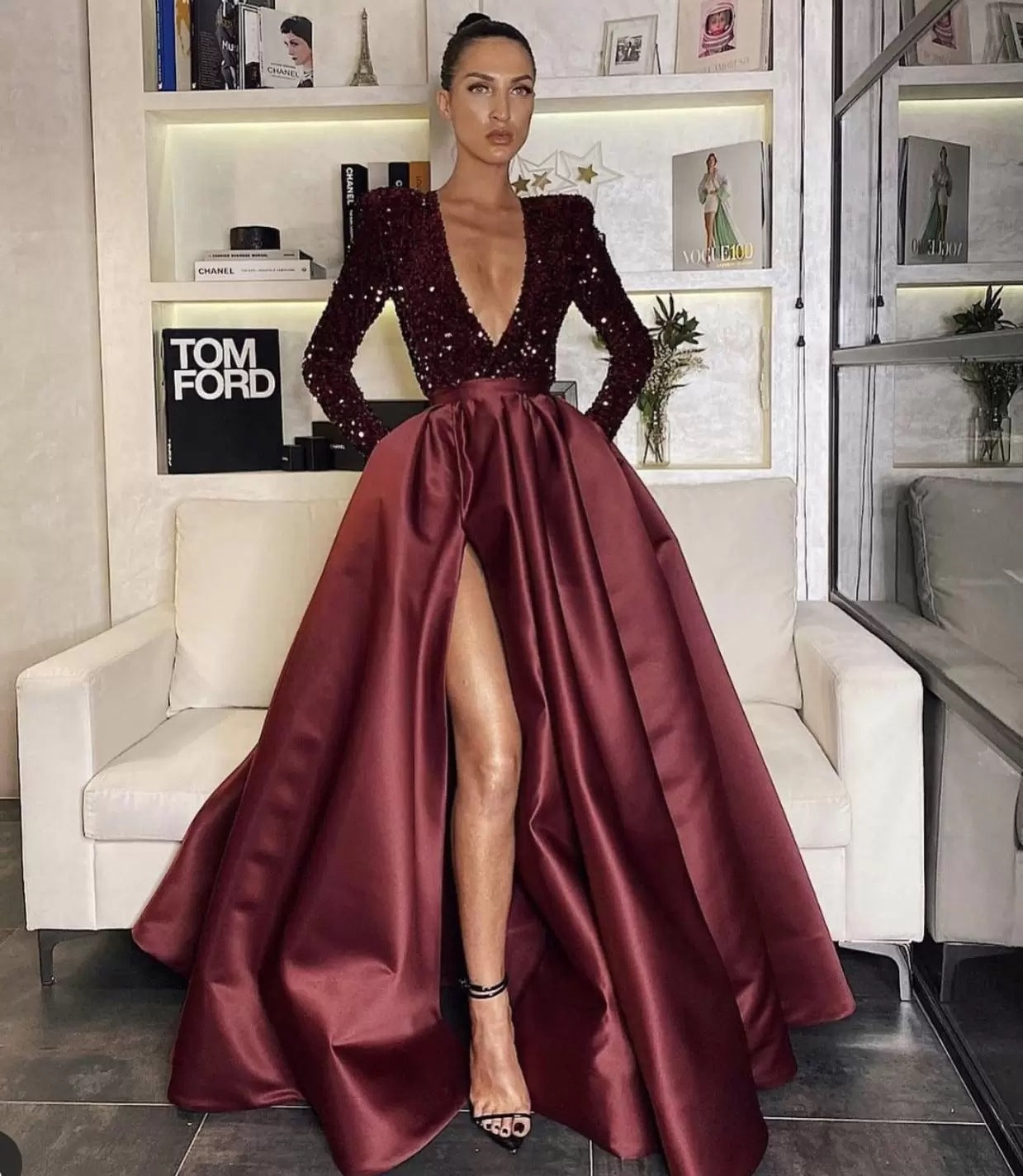 Sequin V-Neck Flared Long Dress With Side Slit