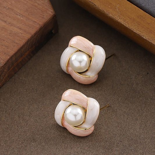 Elegant French Enamel Drip Glaze Floral Pearl Stud Earrings