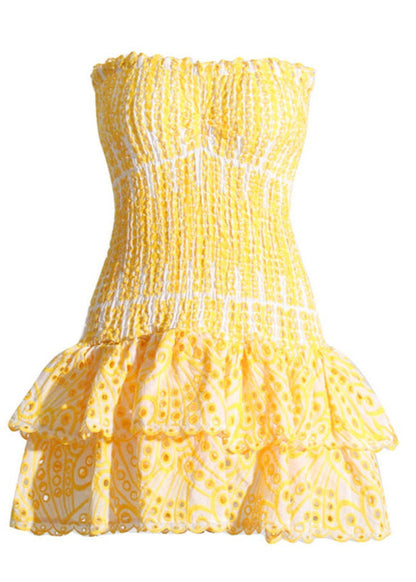 Strapless Smocked Embroidered Cotton Mini Dress