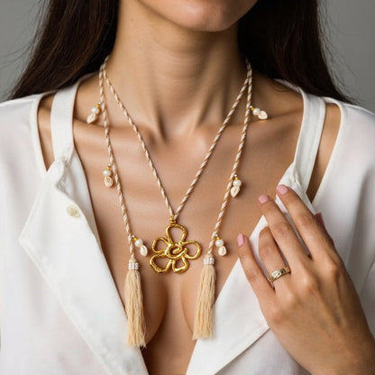 Stainless Steel Flower Pendant Tassel Necklace for Women