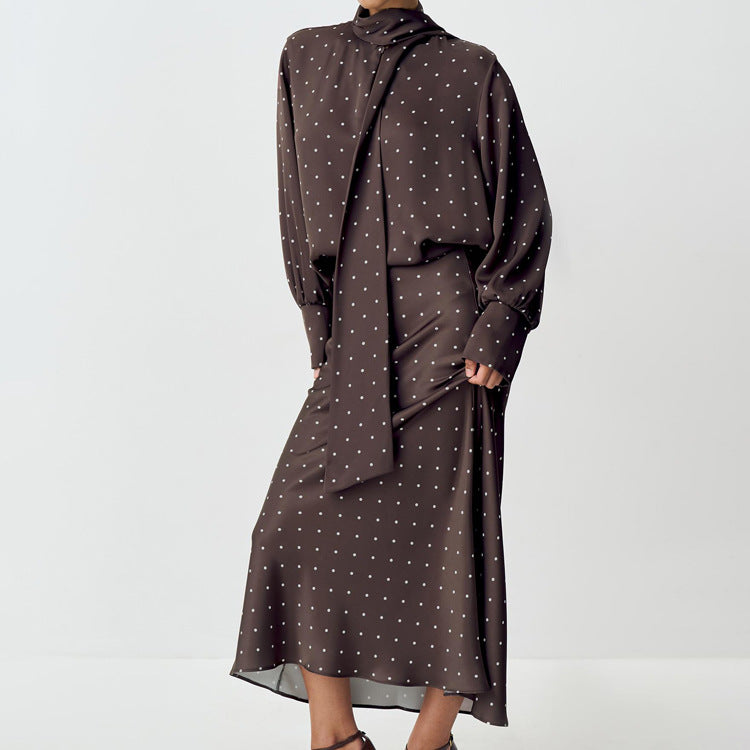Elegant Polka Dot Satin Skirt Set with Long Sleeve Tie Blouse