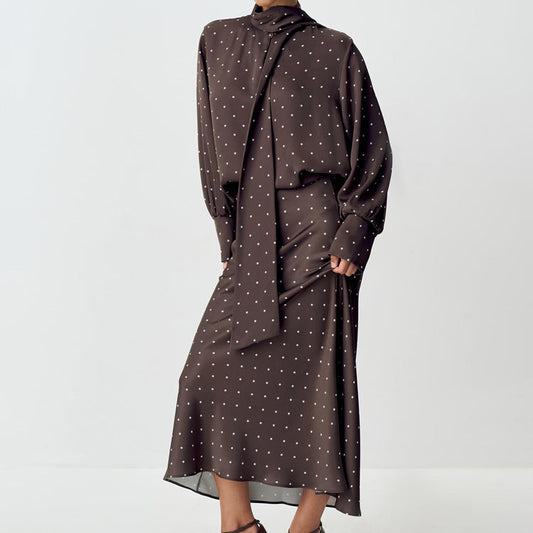 Elegant Polka Dot Satin Skirt Set with Long Sleeve Tie Blouse