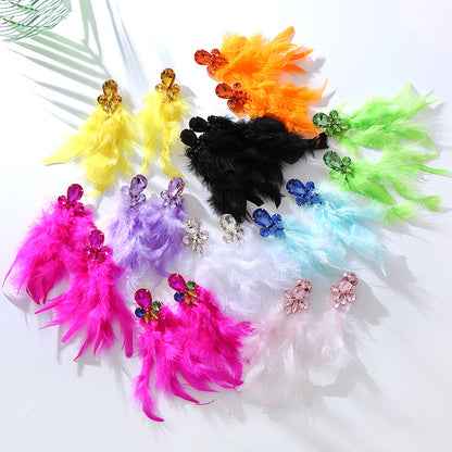 Feather Long Earrings with Rhinestones Stylish Geometry Design