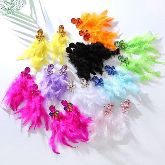 Feather Long Earrings with Rhinestones Stylish Geometry Design