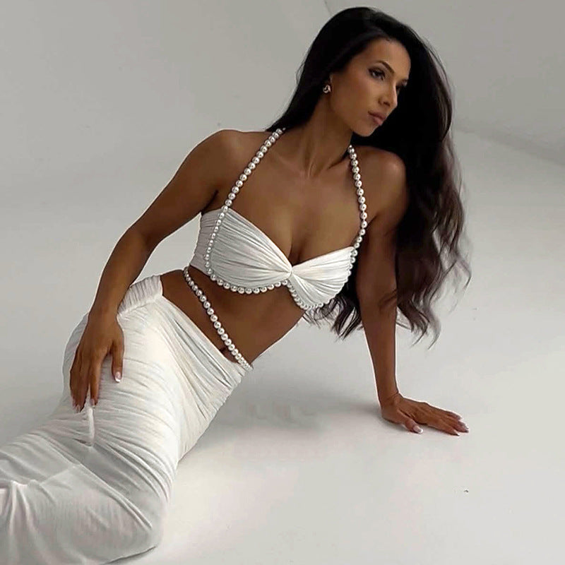 Sexy Hollow-Out Pearl Decor Crop Top And Bodycon Maxi Skirt Set