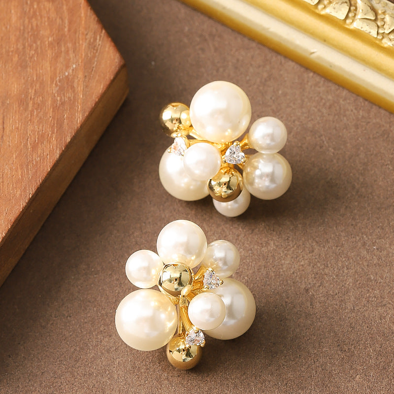 French Elegant Pearl Floral Stud Earrings For Women