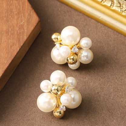French Elegant Pearl Floral Stud Earrings For Women