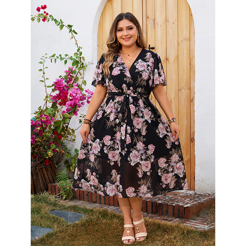 V-Neck Floral Maxi Dress with Short Sleeves