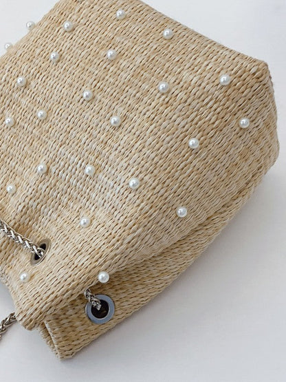 Trendy Women's Woven Bucket Bag with Pearl & Rhinestone Accents
