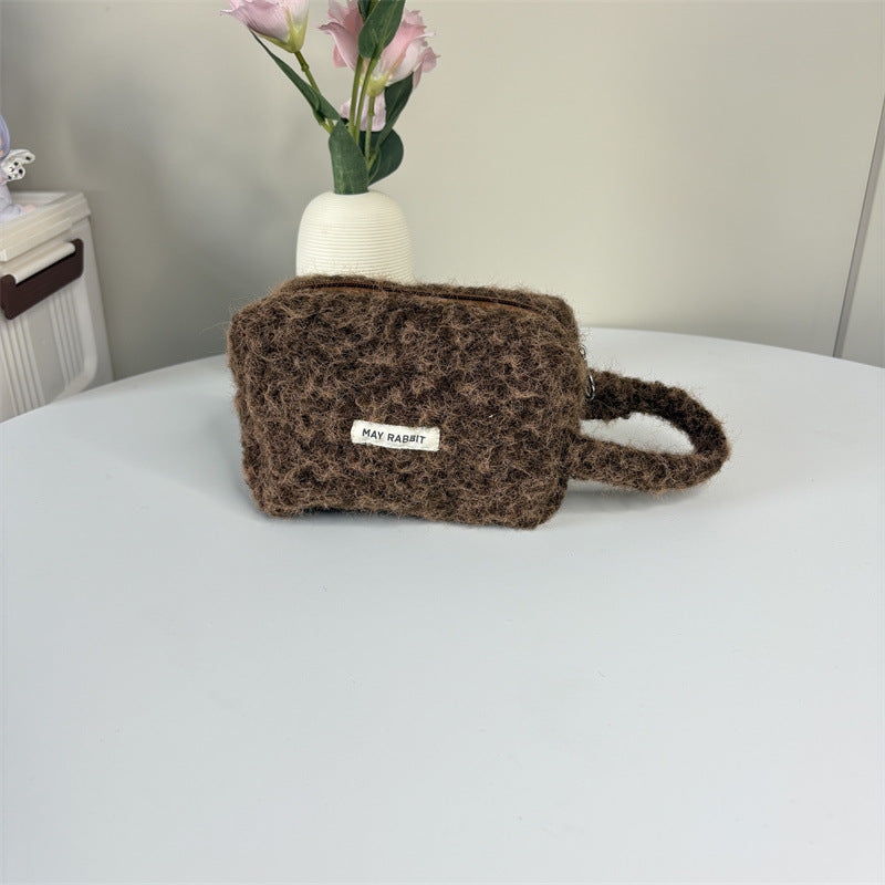 Simple Plush Solid Color Cosmetic Bag With Handle