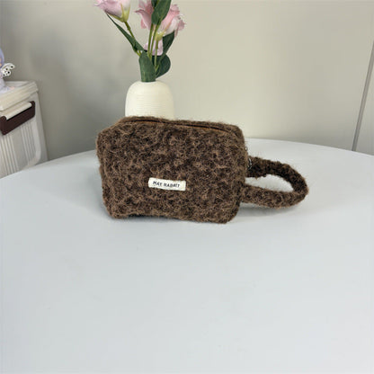 Simple Plush Solid Color Cosmetic Bag With Handle